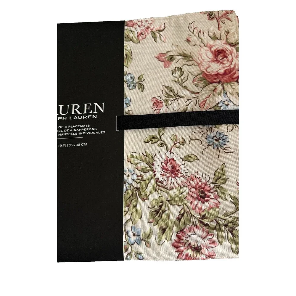 Ralph Lauren Floral Placemats 100% Cotton 14 X 19 Beige Pink Blue Machine Wash